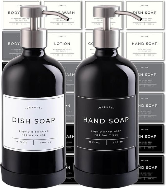 16oz Glass Soap Dispenser with Stainless Steel Pump, 21 Waterproof Labels, Non-Slip Protective Silicone Pad, Set of 2 for Bathroom & Kitchen (Gloss Black Bottle/Brushed Silver Pump)
