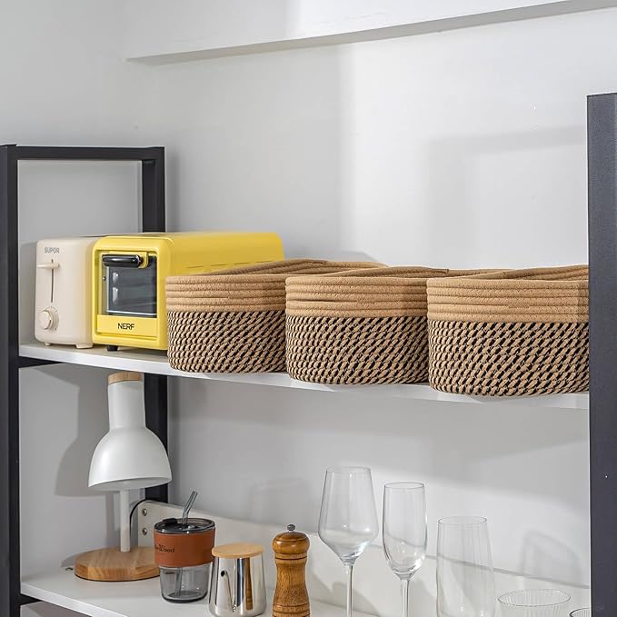 CubesLand Small Cube Shelf Closet Storage Baskets Bins Set 2,Woven Basket for Organizing/Storage, Long-lasting &Skin-friendly Storage Basket Bin,Stylish Room Decor Basket,Camel/Mixed Black Rope Basket