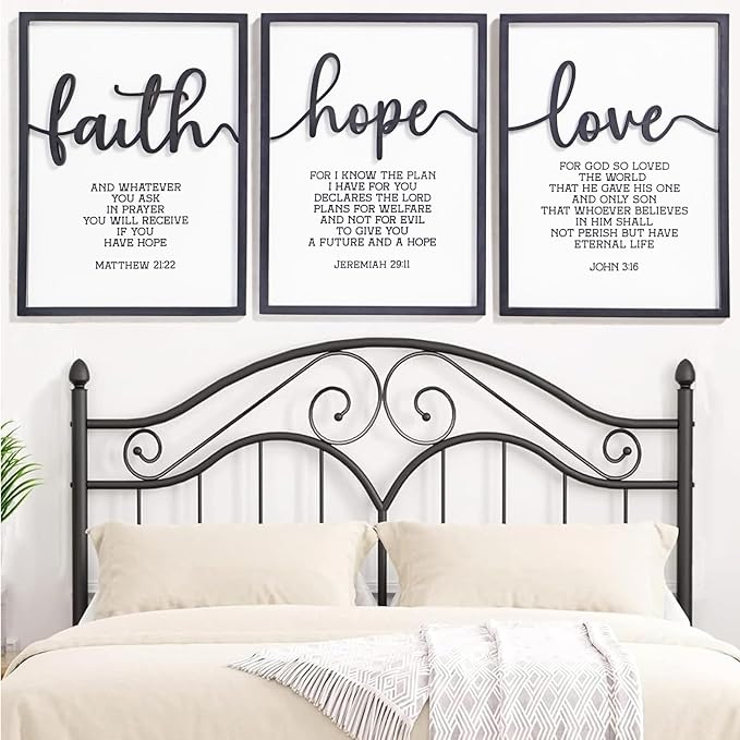 3D Wood Faith Hope Love Wall Decor, Christian Wall Art Bible Verses Wall Decor Scripture Wall Art for Bedroom Bathroom Kitchen Living Room Office(12x16 inches, Set of 3, Framed)
