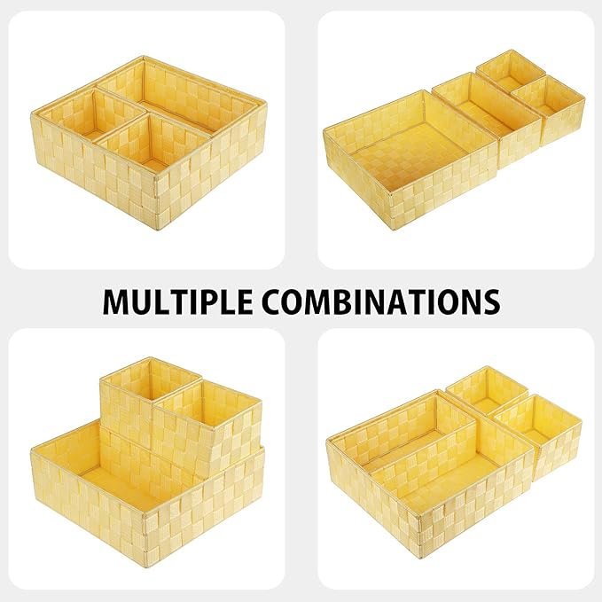 Posprica Woven Storage Baskets for Organizing, Small Black Baskets Cube Bin Container Tote Organizer Divider for Drawer, Closet, Shelf, Dresser, Set of 4(Yellow)