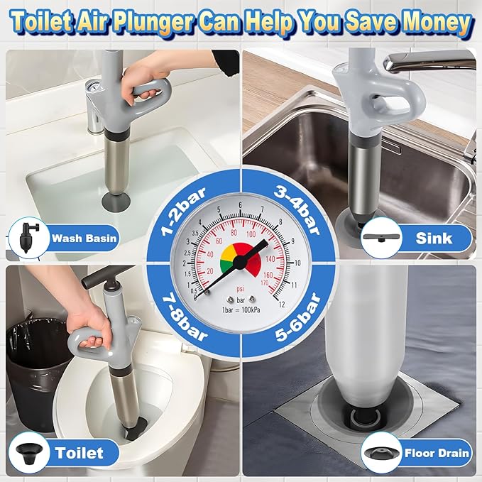 Toilet Plunger, High Pressure Toilet Plunger,Toilet Auger Air Drain Blaster with Real-Time, Heavy Duty Plunger for Bathroom and Plumbing Clogs (Grey)
