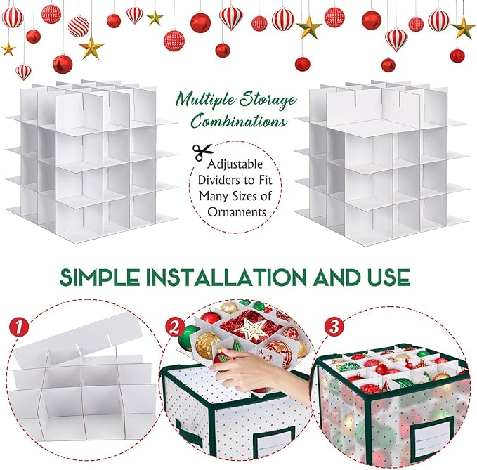 BINSUNS Christmas Ornament Storage Box, Christmas Storage Containers Organizer Bag with Dividers - Fits up to 64 Holiday Xmas Ornaments Decorations 3" Seasons Balls(Green)
