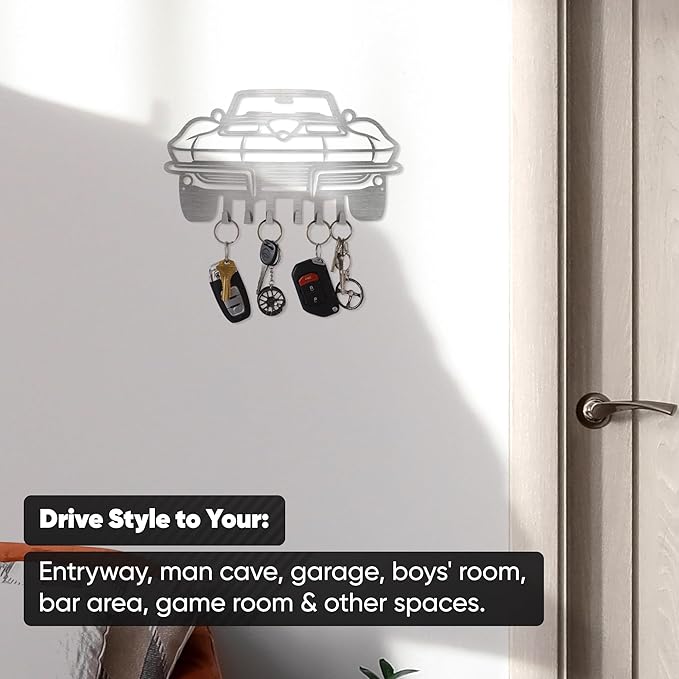 MOOH Metal Automotive Key Holder with 6 Hooks - Unique Wall Mounted Car Lovers Gifts for Men & Women - Cool Man Cave Decor