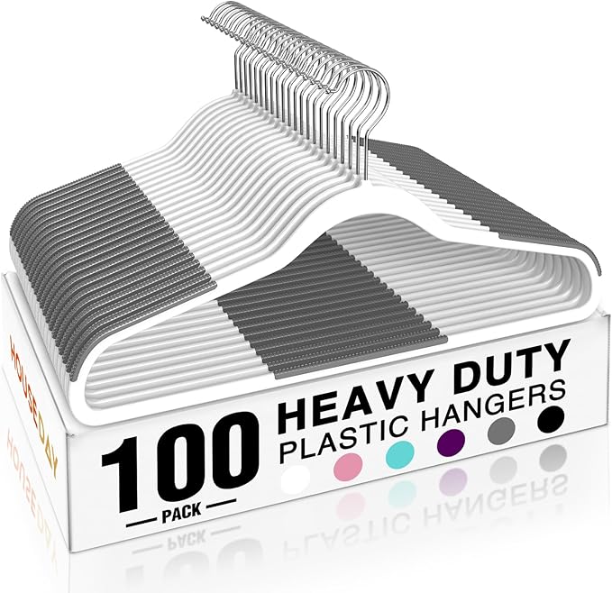 HOUSE DAY Heavy Duty Plastic Hangers 100 Pack, Clothes Hangers with Non-Slip Rubber Pads - 0.2 Inch Thin Space Saving Coat Hanger for Closet Organizer, 360° Swivel Hook for Shirts, Pants, Suit (White)