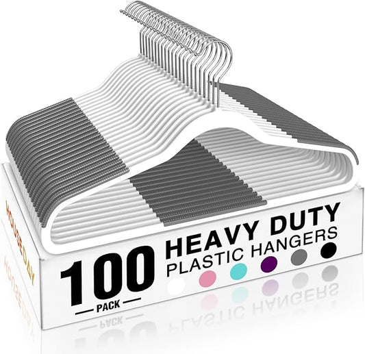 HOUSE DAY Heavy Duty Plastic Hangers 100 Pack, Clothes Hangers with Non-Slip Rubber Pads - 0.2 Inch Thin Space Saving Coat Hanger for Closet Organizer, 360° Swivel Hook for Shirts, Pants, Suit (White)