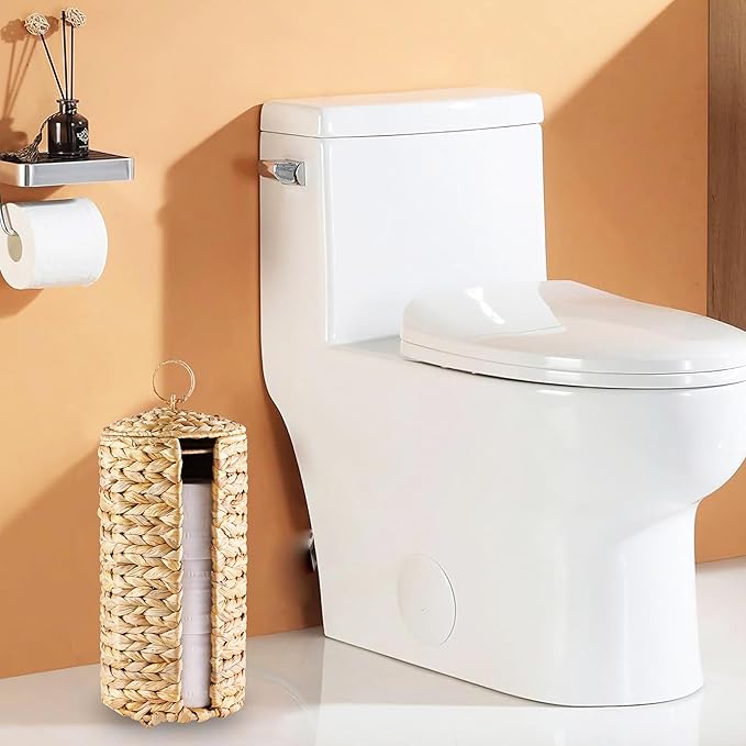 Wicker Toilet Paper Storage Stand with Lid, Toilet Paper Holder for Up to 3 Mega Rolls, Water Hyacinth Toilet Paper Basket Bathroom Accessories Organizer