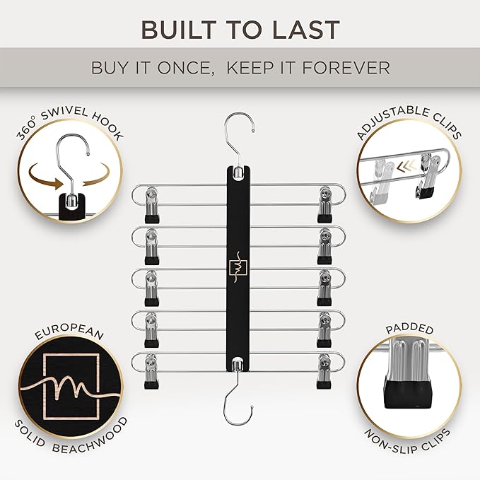 MORALVE Skirt Hangers Space Saving with Clips - 2 Pack - European Beechwood 5-Tier Hanger for Shorts, Skirts, and Pants - Closet Organizer and Storage Solution for Women with 360° Swivel Hook