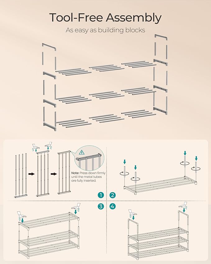 SONGMICS Shoe Rack, 3-Tier Shoe Organizer, Metal Storage Shelf, Upright or Upside Down, for 16-20 Pairs, Stackable, for Entryway, 11.8 x 36.2 x 21.7 Inches, Gray ULSA303G01