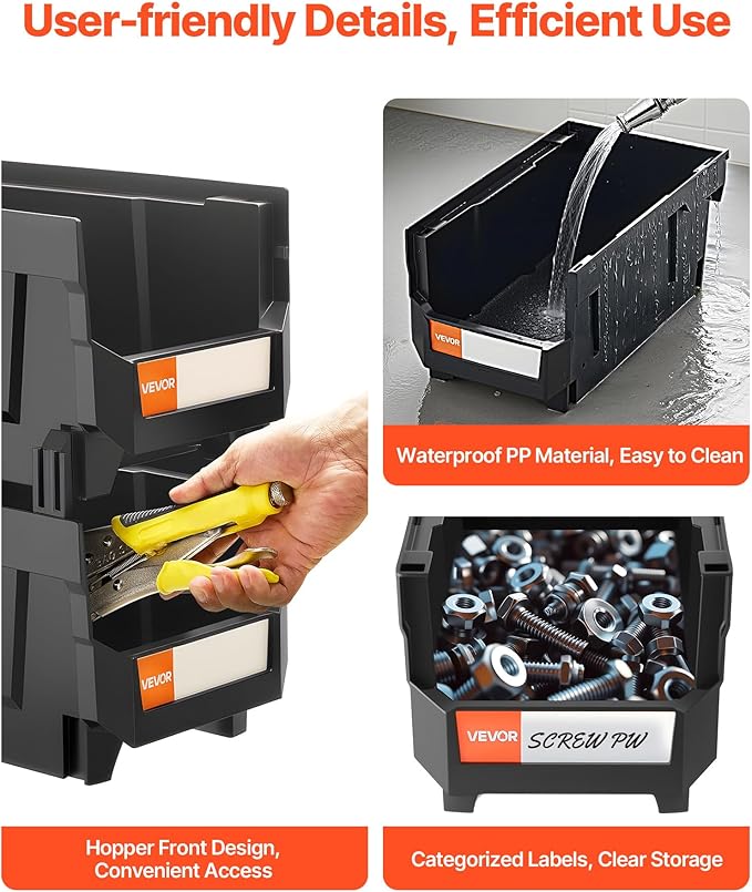 VEVOR Plastic Stackable Storage Bins, 14.8 x 8.5 x 7.1 inch (6 Pack), Plastic Containers for Organizing and Storage Bins for Closet, Garage, Small Parts, Office Supplies and Other Accessories, Black