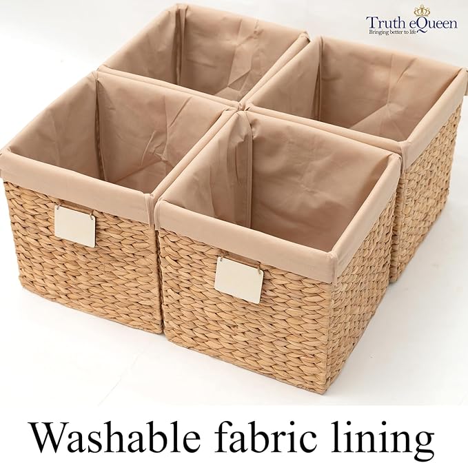Water Hyacinth Storage Baskets For Organizing, Wicker Baskets For Storage Cube Organizer, Rattan Basket Set, Woven Basket Organizer, Canastas Para Organizar, Cube Shelf, Cubes Bins 12x12 In, 4 Psc