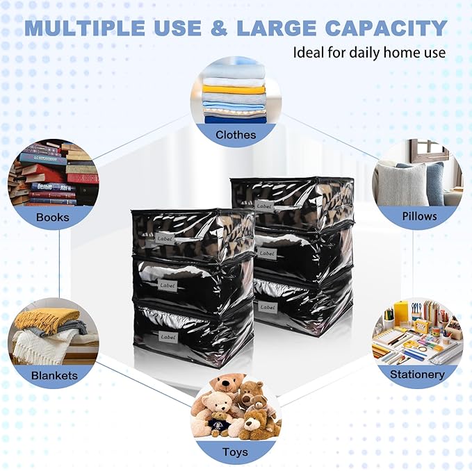 Clear Zippered Storage Bags Plastic Sweater Storage Bags with Zipper 6 Packs Clothing Organizer for Blankets Linen Sweater Bed Sheet Quilt Clothes Pillow (18 x 15 x 9 Inch, Black)