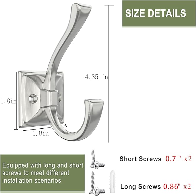 2 Pack Brushed Nickel Towel Robe Hooks, Coat Hooks for Wall Hanging Hat, Key, Bag, Mudroom Hook Entrance Bathroom Door Decorative Heavy Duty Hats Hanger