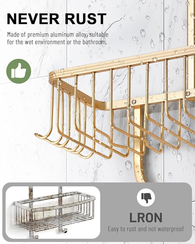 Shower Caddy Hanging - Never Rust Shower Hanging Organizer - Aluminum Over the ShowerHead Caddy with Soap Basket and 6 Razor/Sponge Hooks (Gold)