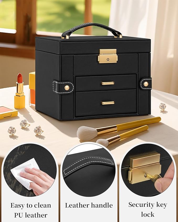 TORIBIO Jewelry Box for Women, Leather Jewelry Organizer with Mirror & Lock, 3-Tier Jewelry Storage Organizer with 2 Drawers for Girls/Women/Mothers, Necklace Earring Bracelets Holder Organizer
