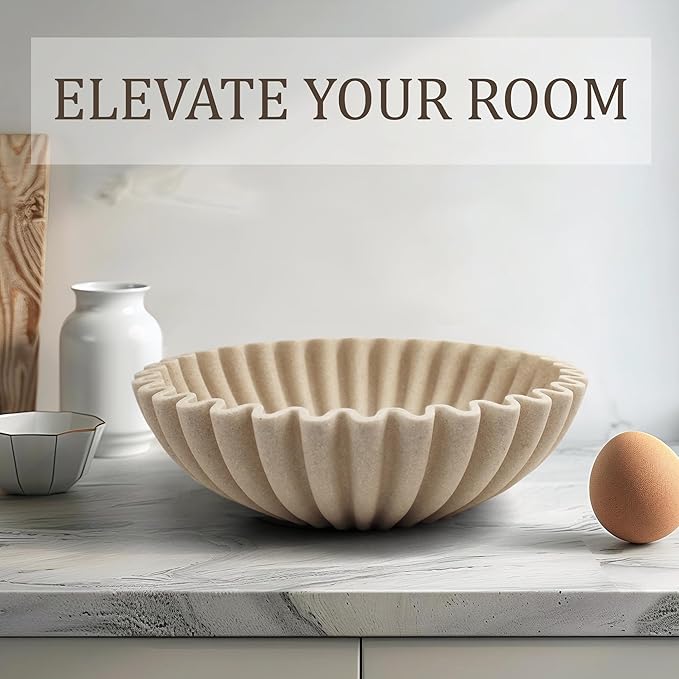 Ruffle Decorative Bowl, Large Fruit Bowl for Kitchen Counter, Stylish Key Bowl for Entry Table, Handcrafted Home Decor Display bowl, Artificial Stone Beige