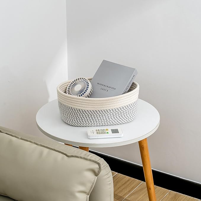 CubesLand Small Baskets, Storage Baskets for Organizing Shelves, Rectangular Woven Storage Basket Natural Cotton Rope Bins Closet Baby Nursery Empty Gifts Basket Off White/Mixed Gray