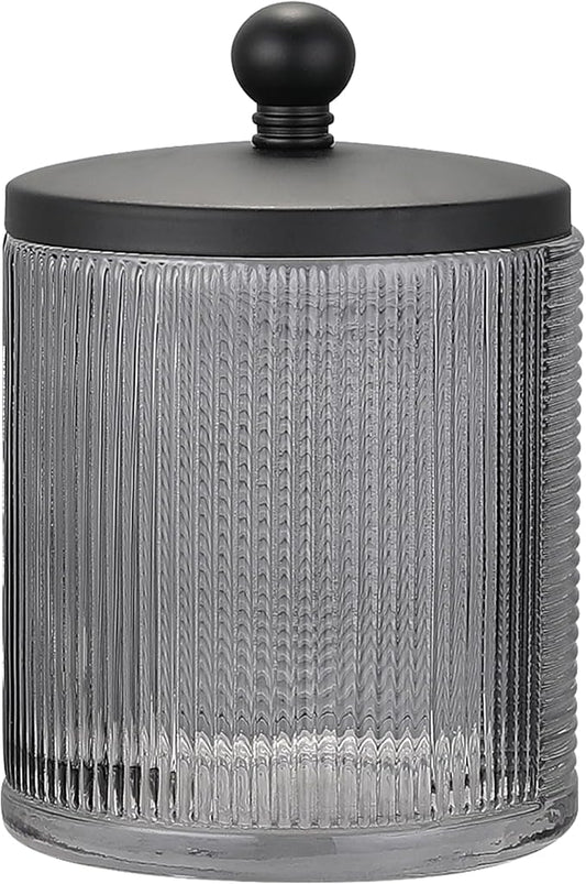 Gray Colored Tranlucent Apothecary Ribbed Geo Etched Glass Jar W/Matte Black Metal Lid Cover for Bathroom Organization, Cotton Balls, Q Tips, and Small Accessories, Bathroom Storage
