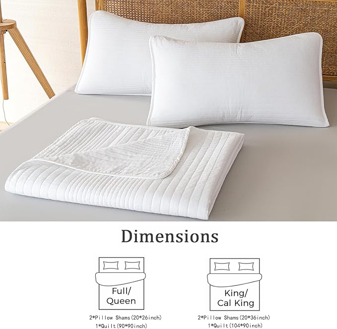 100% Cotton Queen Quilt Set 3-Piece,Lightweight and Textured Bedspread Coverlet & 2 Pillow Shams,All-Season Lightweight Queen Comforter Bedding Set（White）