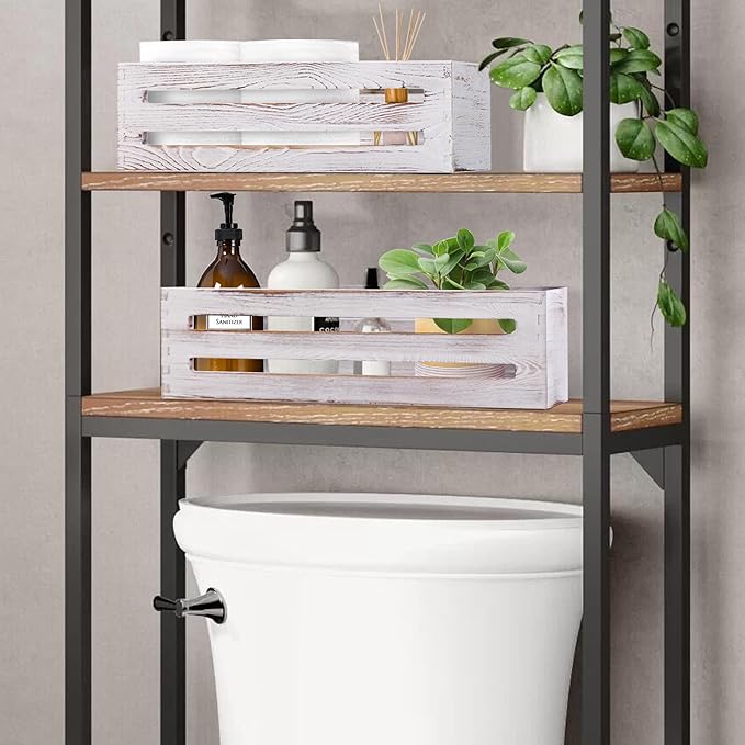 LotFancy Bathroom Decor Box, 2 Pack Wooden Toilet Paper Holder, White Toilet Storage Basket for Back of Toilet, Farmhouse Toilet Tank Topper