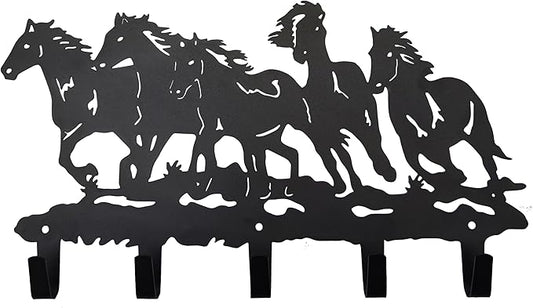 Metal Horse Coat Hooks Wall Art Decor-Horse Hangers and Key Holder-Clothes Rack and Backpack Hanger-Coat Hooks Home Decor for Storage, Living Room, Hallway, Office (Black)