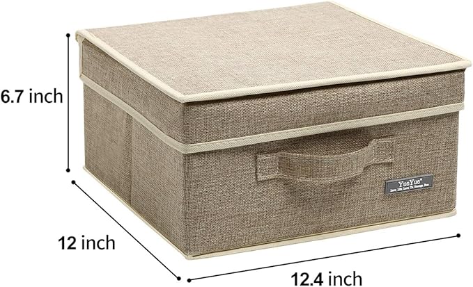 YueYue 4 Pack Small Fabric Storage Box with Lids, Foldable Linen Storage Box with Lids 4 Pieces Gray&Linen Set 12.4in/12in/6.7in