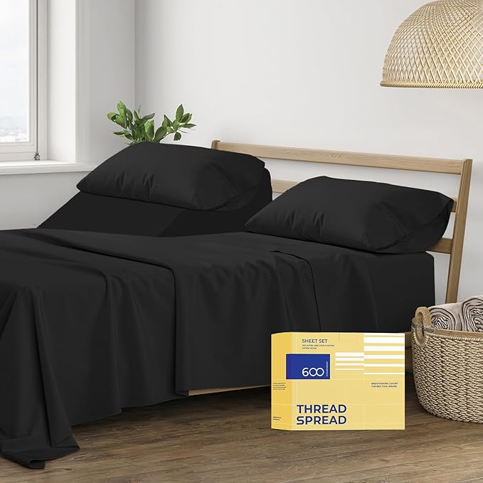 THREAD SPREAD 100% Egyptian Cotton Split King Sheets Sets for Adjustable Bed - 600 Thread Count 5 PC Top Split King Sheets, 16" Deep Pocket Soft Cooling Sheets for Split King Adjustable Bed - Black