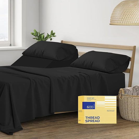 THREAD SPREAD 100% Egyptian Cotton Split King Sheets Sets for Adjustable Bed - 600 Thread Count 5 PC Top Split King Sheets, 16" Deep Pocket Soft Cooling Sheets for Split King Adjustable Bed - Black