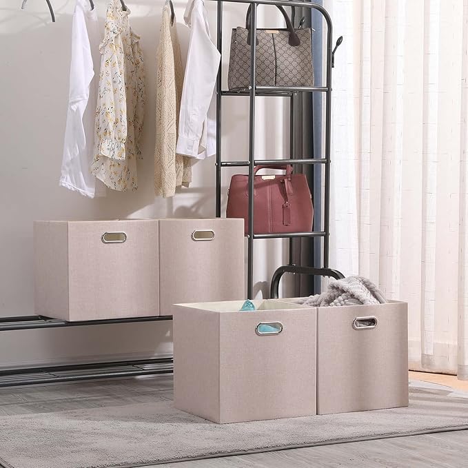 Cube Storage Bins 13×13 Linen Foldable Box with Handles, Collapsible Organization Basket Set of 4 Large Capacity Drawer for Closet Shelf Cabinet Bookcase Bedroom, Beige Sepia