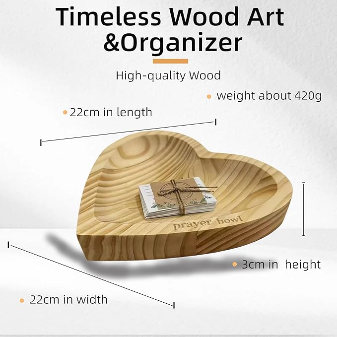 Heart Prayer Bowl with 24 Cards - Christian Heart Shaped Wooden Dough Bowl for Baptism, Handcrafted Religious Gift for Thanksgiving/Christmas/Wedding/Easter, Home Decor Accessory