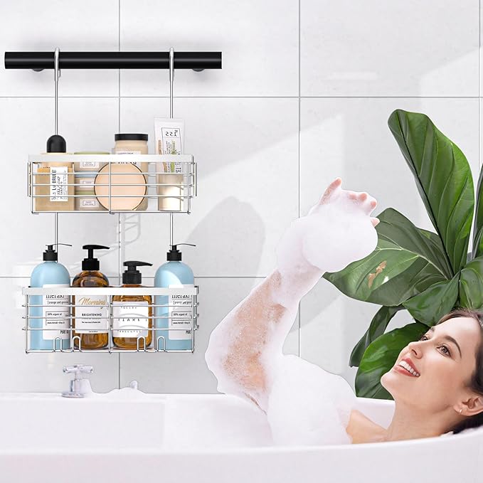 YUOROS Shower Caddy Hanging, 2 Tier Over the Door Shower Organizer Rack 304 Stainless Steel Rustproof (Silver)