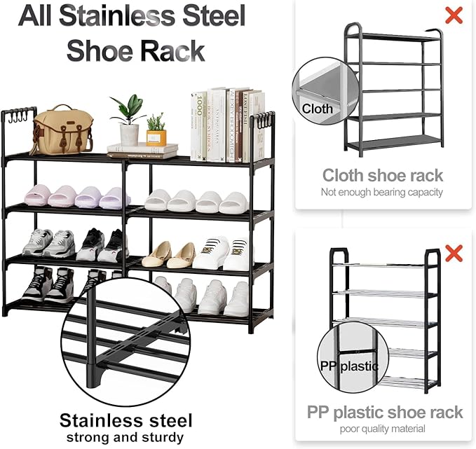 2 Rows 4 Tier Shoe Rack, Black Metal Stackable Shoe Shelf with Multifunctional Hooks, Hold 16-20 Pairs, Space Saving Shoe Organizer for Closet, Bedroom