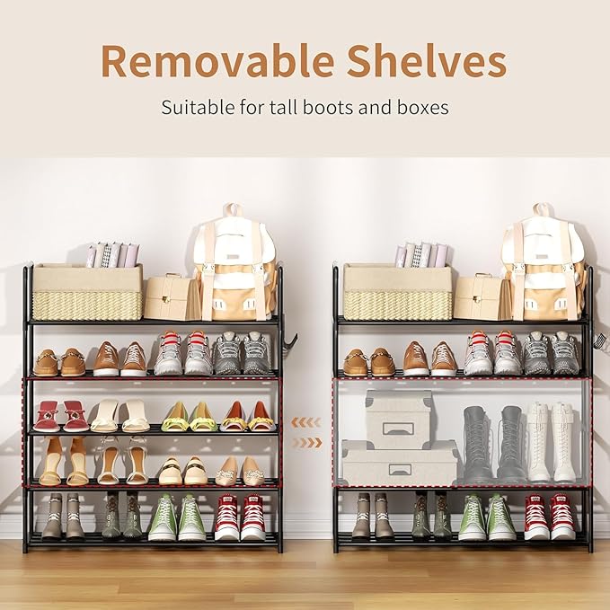 Metal Shoe Organizer,5 Tiers Shoe Storage Shoe Rack with Hooks,Fit 20-25 Pairs,Adjustable Shoe Shelf for Entryway,Hallway,Bedroom,Metal Bottom Support
