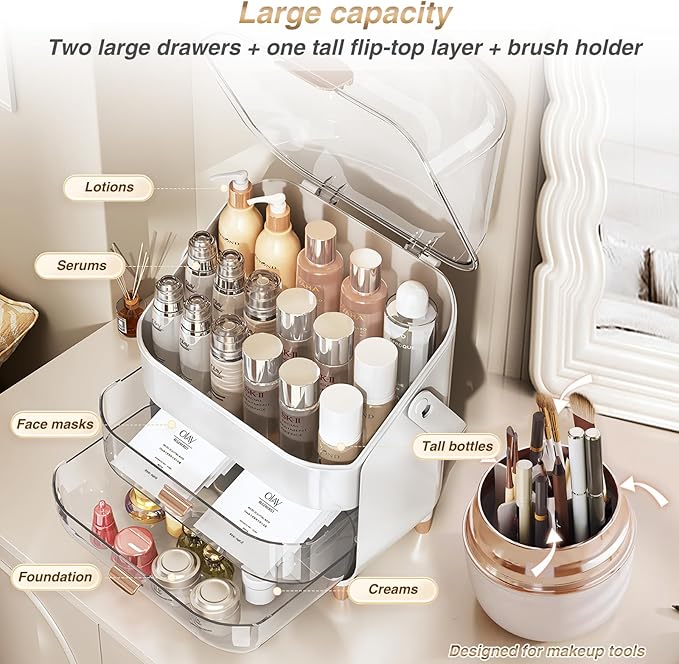 TooCust Cosmetic Display Case with Brush Holder - Makeup Box with Transparent Drawers and Cover, Potable Skin Care Storage Organizer with Handle, Dust Proof Makeup Organizer for Vanity, White & Gold