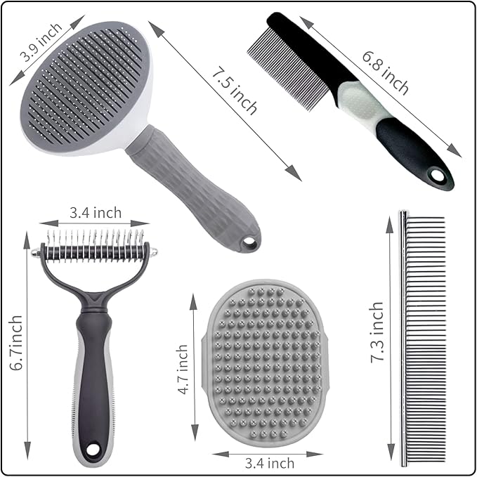 5PCS Grooming Kit for Dog,Puppy- Deshedding & Slicker Brush for Short-Haired Pets, Flea Comb and Grooming Comb Set Grey