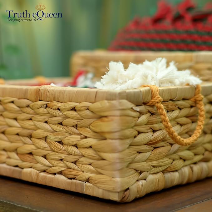 Water Hyacinth Storage Baskets For Organizing, Wicker Baskets For Storage With Macrame Handle, Small Woven Basket Small Wicker Blanket Basket For Organizing, Rectangular Woven Blanket 12x9x5 In