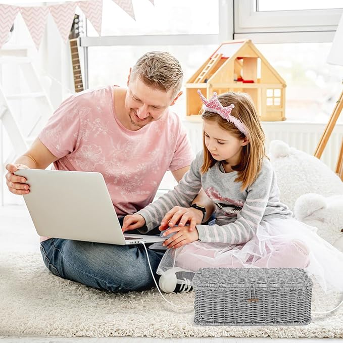 Cable Management Box, Woven Rattan Cord Hider With Lid & Button Lock, Floor Cord Holder for Power Strip USB Hub, Boho Desk Wicker Wires Storage Cable Organizer Box(grey)