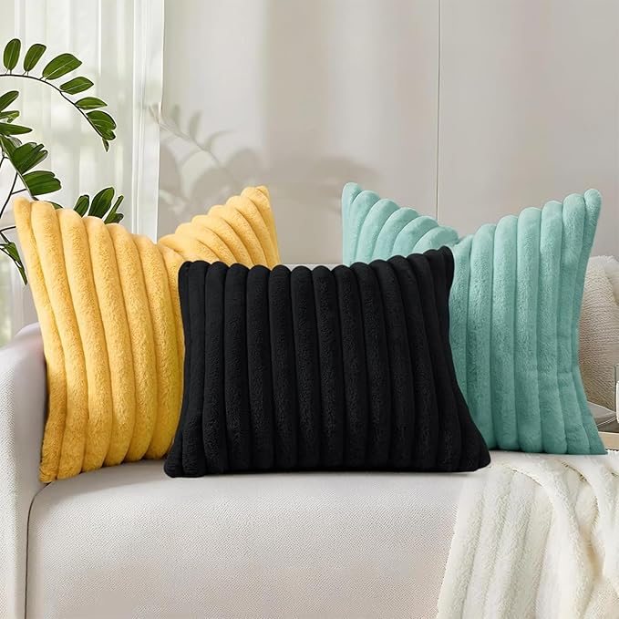 decorUhome Faux Fur Spring Throw Pillow Covers 16x16 Set of 2, Decorative Soft Plush Striped Neutral Couch Pillow Covers with Velvet Back for Sofa, Bed, Living Room Home, Mustard Yellow