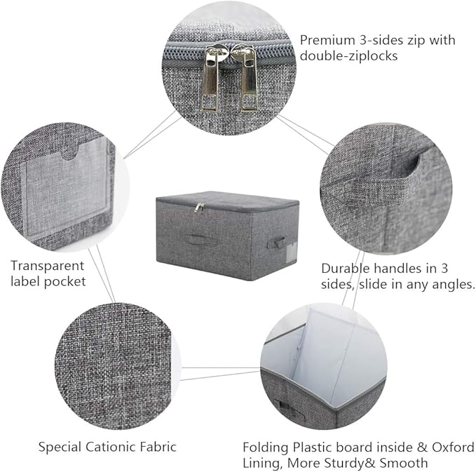 Pack of 3, 17.7 * 13.8 * 9.8" Stackable Folding Storage Baskets with Lid & Carry Handles & Memo Pocket, Good Wardrobe Separator Bins, Dark Gray