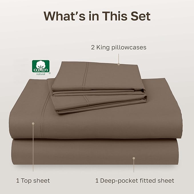 California Design Den 600 Thread Count Sheets King, 100% Cotton Sheet, Sateen, King Size Bed Sheets, Soft, Cooling, Hotel-Quality Bedding with Deep Pockets (Mushroom - Taupe Brown)