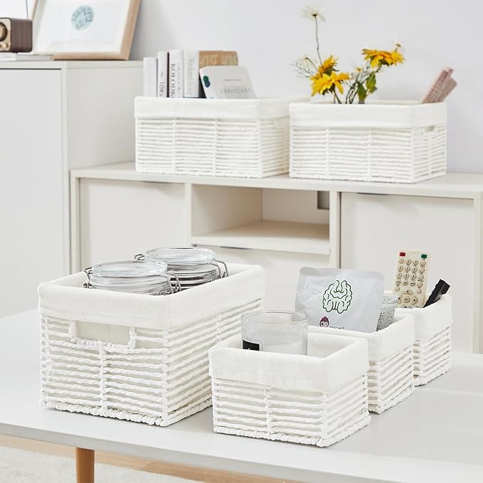 Vagusicc Wicker Storage Basket, 6 Pack Baskets for Organizing, Wicker Baskets with Handle, Rectangular Wicke Basket for Storage Shelves, Cube Storage Bins for Closet/Clothes/Dresser, White