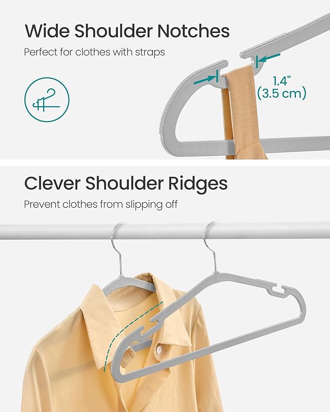 SONGMICS Clothes Hangers 50 Pack, Heavy-Duty Plastic Hangers, Coat Hangers with Wide Shoulder Notches, Pant Bar, 360° Swivel Hook, Space-Saving, 16.4 Inches, for Closet, Gray UCRP060G01