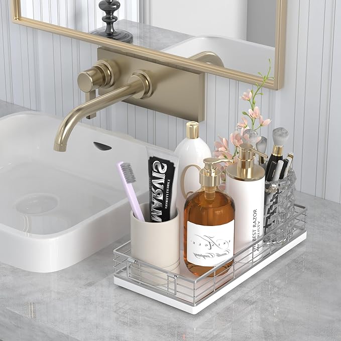 Toilet Paper Basket, 13 Inch Oak and Iron Bathroom Tank Tray Top of Toilet Storage Toiletries Organizer for Bathroom, Living Room and Kitchen (White)