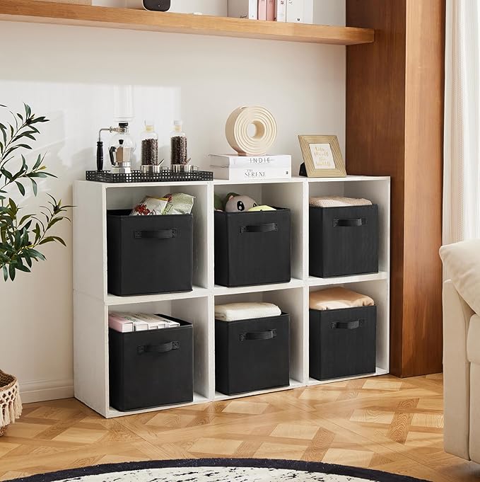 MAX Houser Fabric Cloth Storage Bins,Foldable Storage Cubes Organizer Baskets with Dual Handles for Home Bedroom Storage,Set of 6(Black)