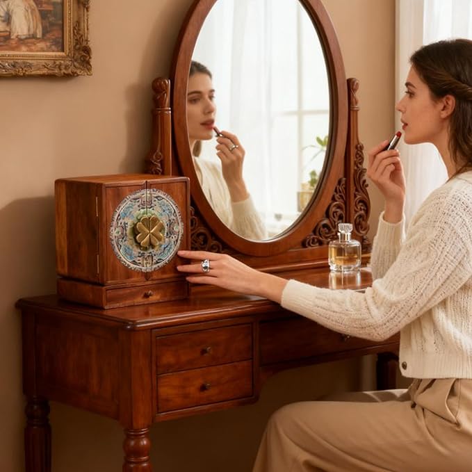 Wooden Jewelry Box for Women Jewelry Box With Drawers Walnut Wood (Walnut Wood with printing B)