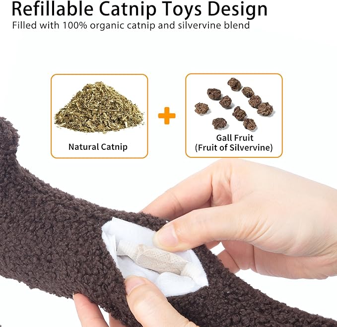 Refillable Catnip Toy for Indoor Cats Kitten, Natural Catnip & Silvervine Safe Teeth Cleaning Kitty Kicker Toy 13.77In, Crinkle Sound Interactive Cat Nip Chew Toys, Brown