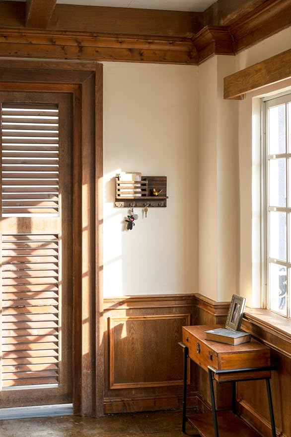 Dahey Wall Mounted Mail Holder Wooden Key Holder Rack Mail Sorter Organizer with 4 Double Key Hooks and A Floating Shelf Rustic Home Decor for Entryway or Mudroom,15.7" W x9.3 Hx3.2 D, Brown