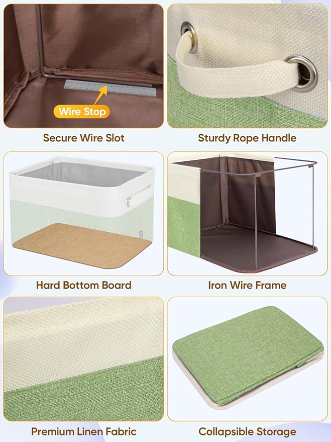 BALEINE 2 Pack Fabric Storage Bins for Shelves, Linen Storage Baskets for Organizing, Decorative Closet Bins for Clothes, Home (Green, 12"x8"x8")