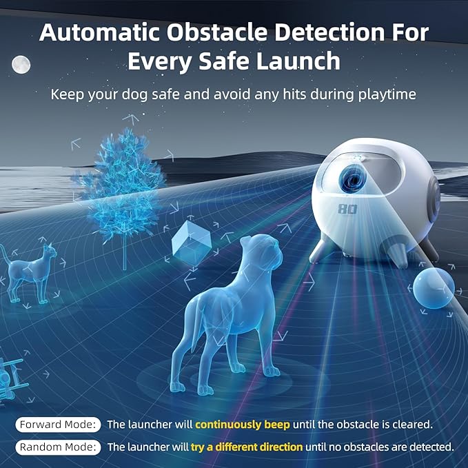 uahpet Automatic Ball Launcher for Dogs with Obstacle Detection, 20ft-80ft Adjustable Distances Ball Thrower Launcher for Medium & Large Dogs, with 4 Balls (2.5 inches)