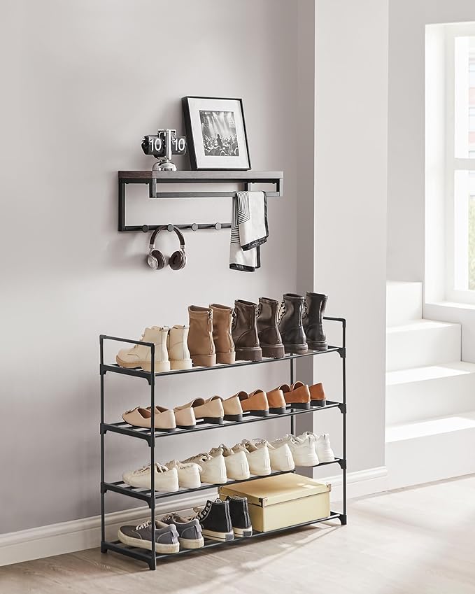 SONGMICS Shoe Rack, 4-Tier Shoe Organizer, Metal Storage Shelf, Upright or Upside Down, for 20-25 Pairs, Stackable, for Entryway, 11.8 x 36.2 x 29.1 Inches, Black ULSA14BK