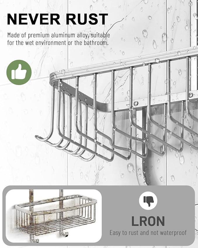 Shower Caddy Hanging - Never Rust Shower Hanging Organizer - Aluminum Over the ShowerHead Caddy with 6 Hooks for Razor/Sponge (Silver)